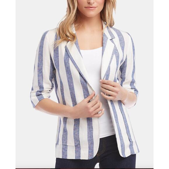 NWT Karen Kane Linen Blue White Stripe Santorini Ruched Sleeve Jacket Blazer L - Picture 1 of 14